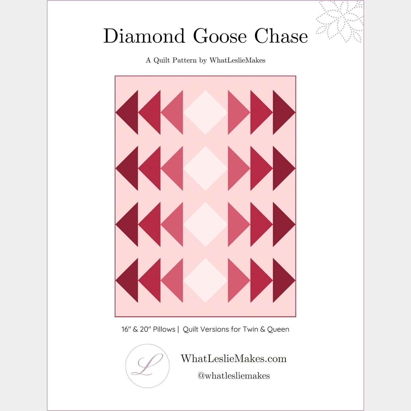 A cover image of a digital quilt pattern named 'Diamond Goose Chase', featuring a modern quilt design with diamond shapes in pink and red on a light background, it is a pattern for twin and queen-size quilts.