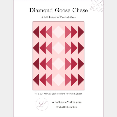 A cover image of a digital quilt pattern named 'Diamond Goose Chase', featuring a modern quilt design with diamond shapes in pink and red on a light background, it is a pattern for twin and queen-size quilts.
