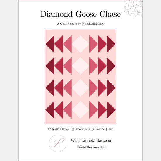A cover image of a digital quilt pattern named 'Diamond Goose Chase', featuring a modern quilt design with diamond shapes in pink and red on a light background, it is a pattern for twin and queen-size quilts.