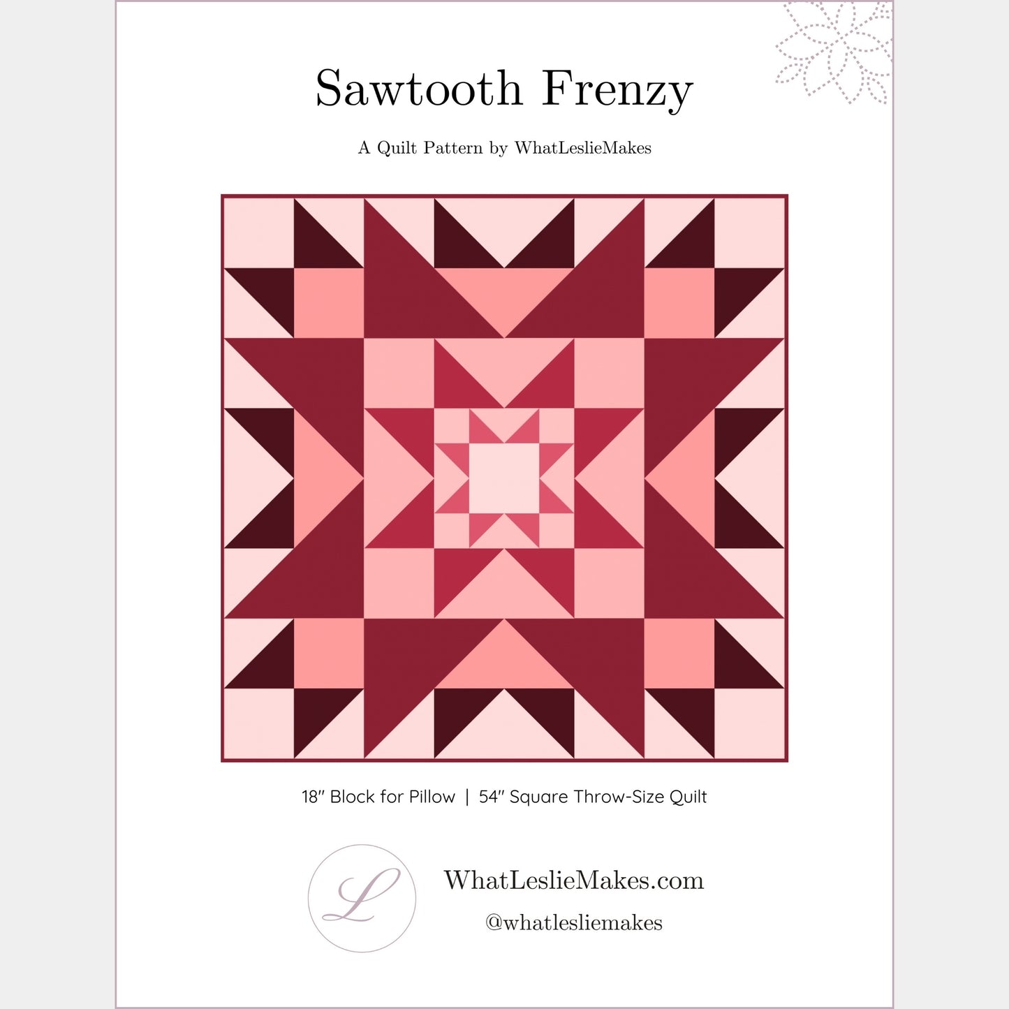 A cover image for the 'Sawtooth Frenzy' quilt pattern. showing a quilt with a sawtooth star design in red and pink, and the text detailing the product's features.