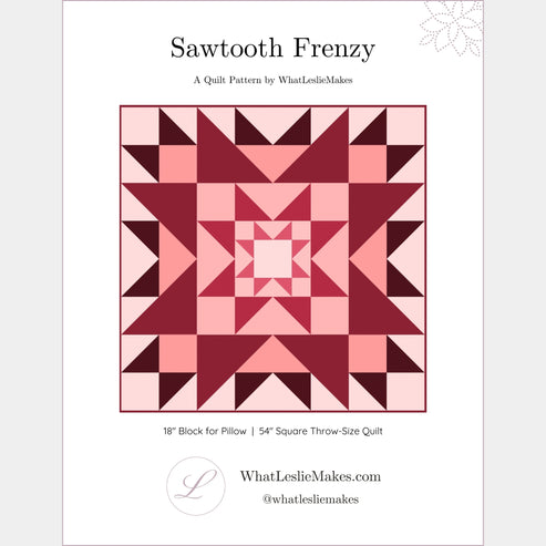 A cover image for the 'Sawtooth Frenzy' quilt pattern. showing a quilt with a sawtooth star design in red and pink, and the text detailing the product's features.