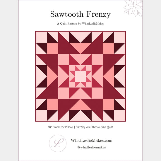 A cover image for the 'Sawtooth Frenzy' quilt pattern. showing a quilt with a sawtooth star design in red and pink, and the text detailing the product's features.