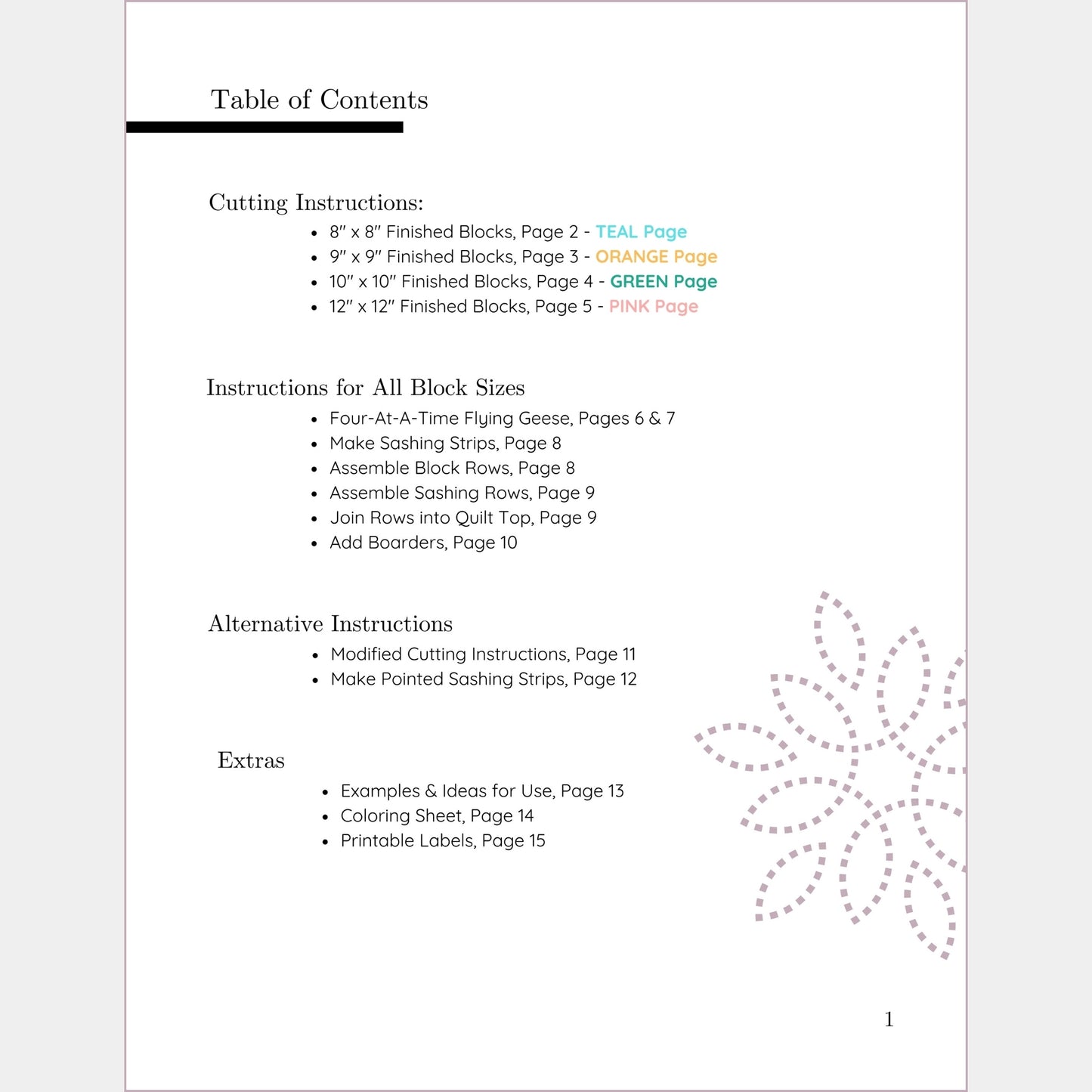 Pattern includes a table of contents to help navigate to the correct pattern for the size blocks you are using.