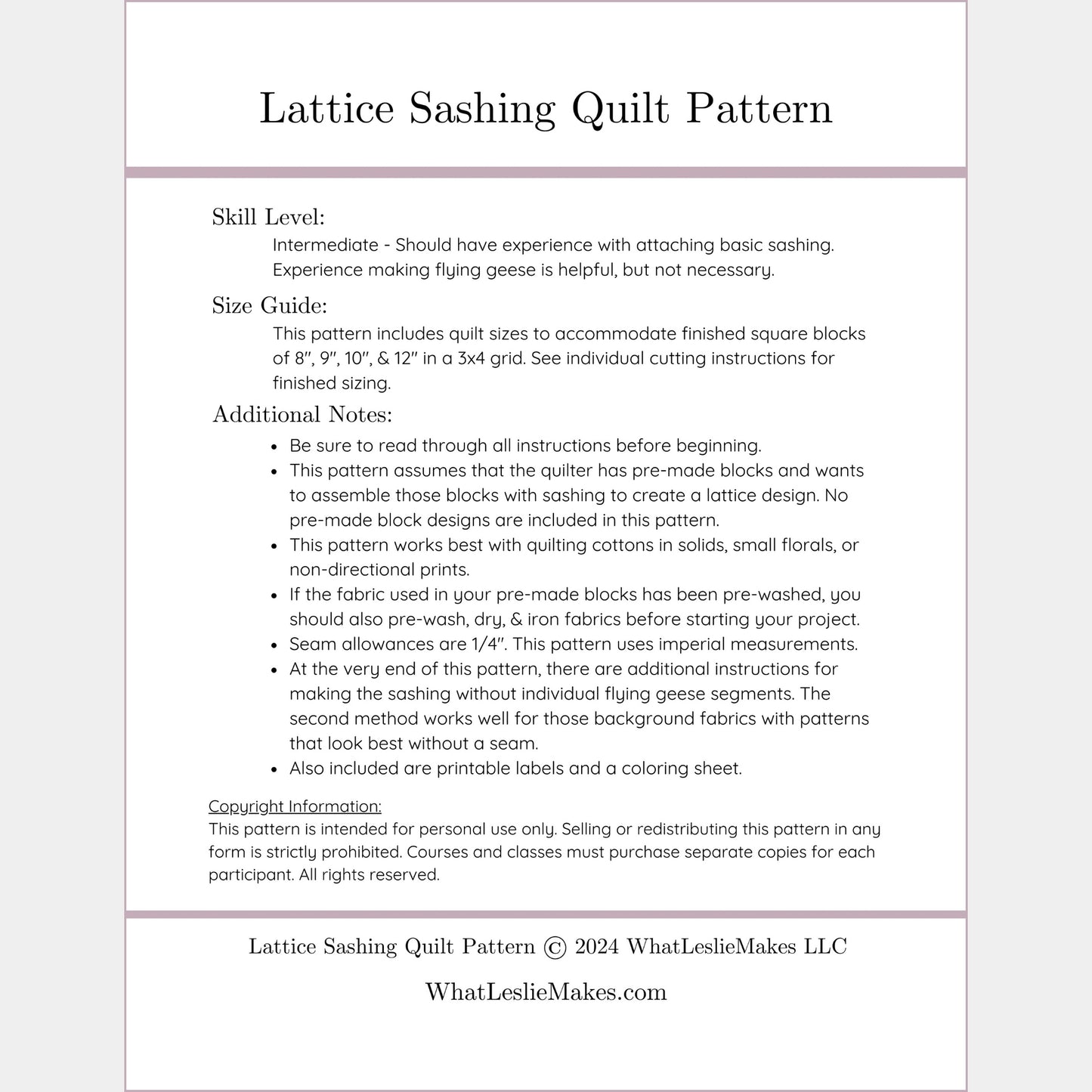 Skill level is intermediate. This pattern is for personal use only and may not be sold or redistributed in any form. Courses much purchase copies for every participant.
