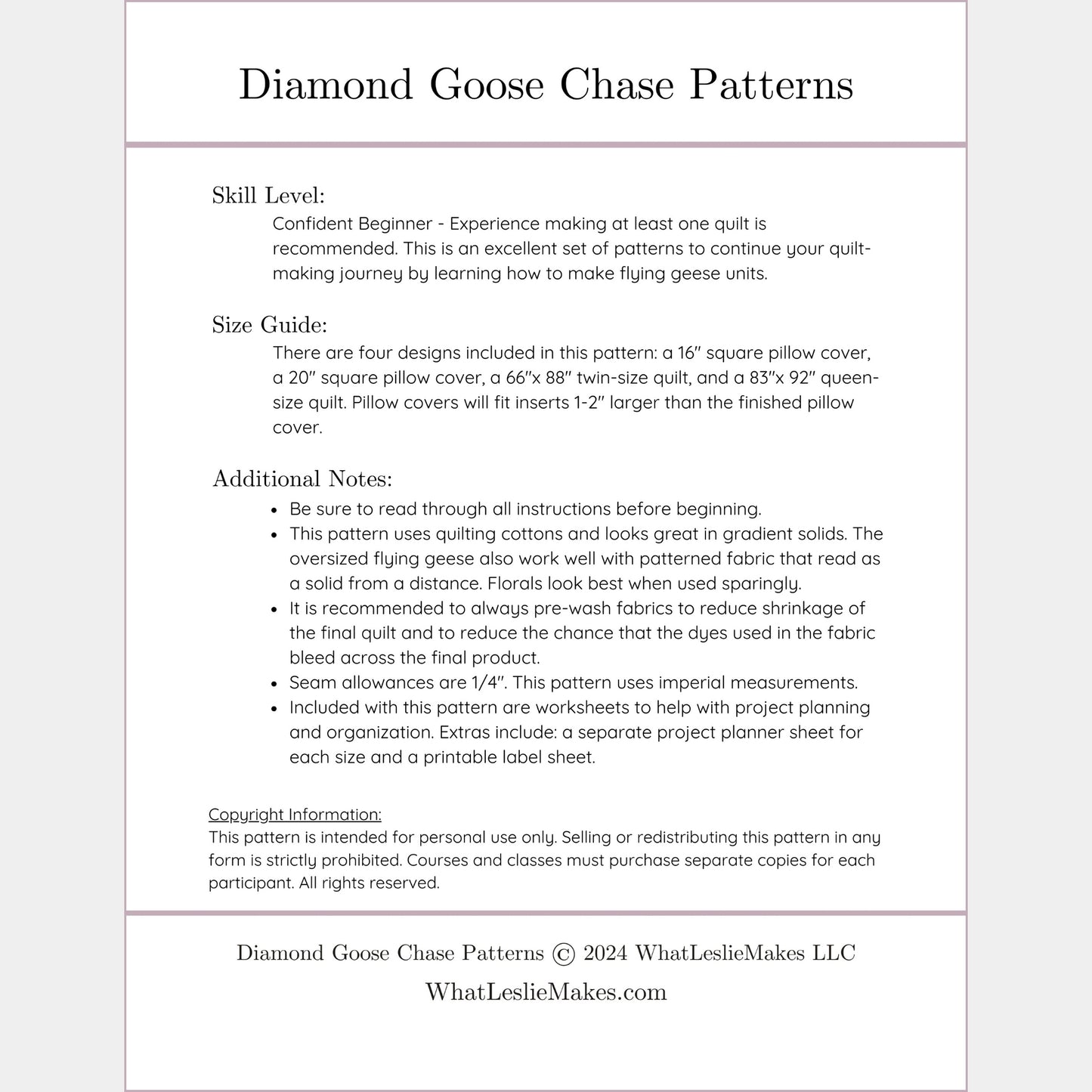 skill level is confident beginner. pattern is for personal use only and may not be sold or redistributed. classes must purchase a copy for every participant.