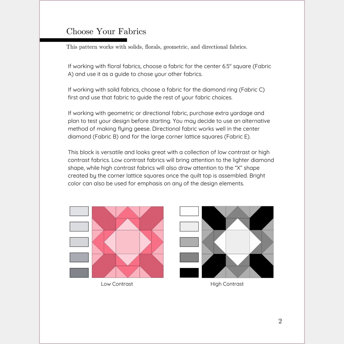 pattern includes a page to help with fabric selection.