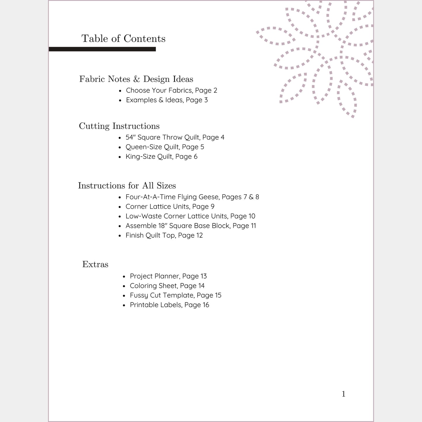 table of contents included to help navigate the pattern.