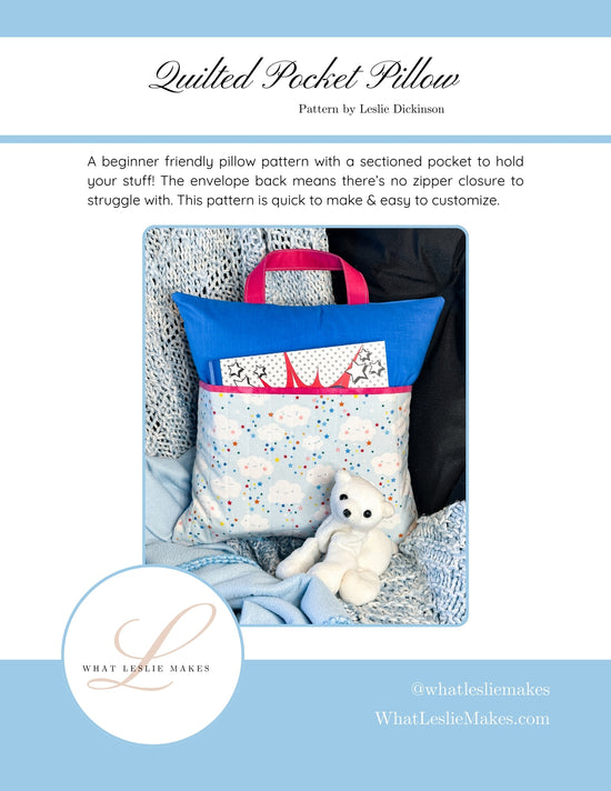 cover image featuring a quilted pocket pillow pattern. beginner friendly