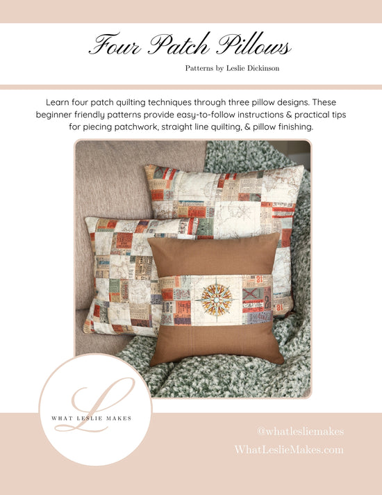 A cover image featuring a set of three quilt patch patterns with accompanying pillow designs, and a description of a digital download product.