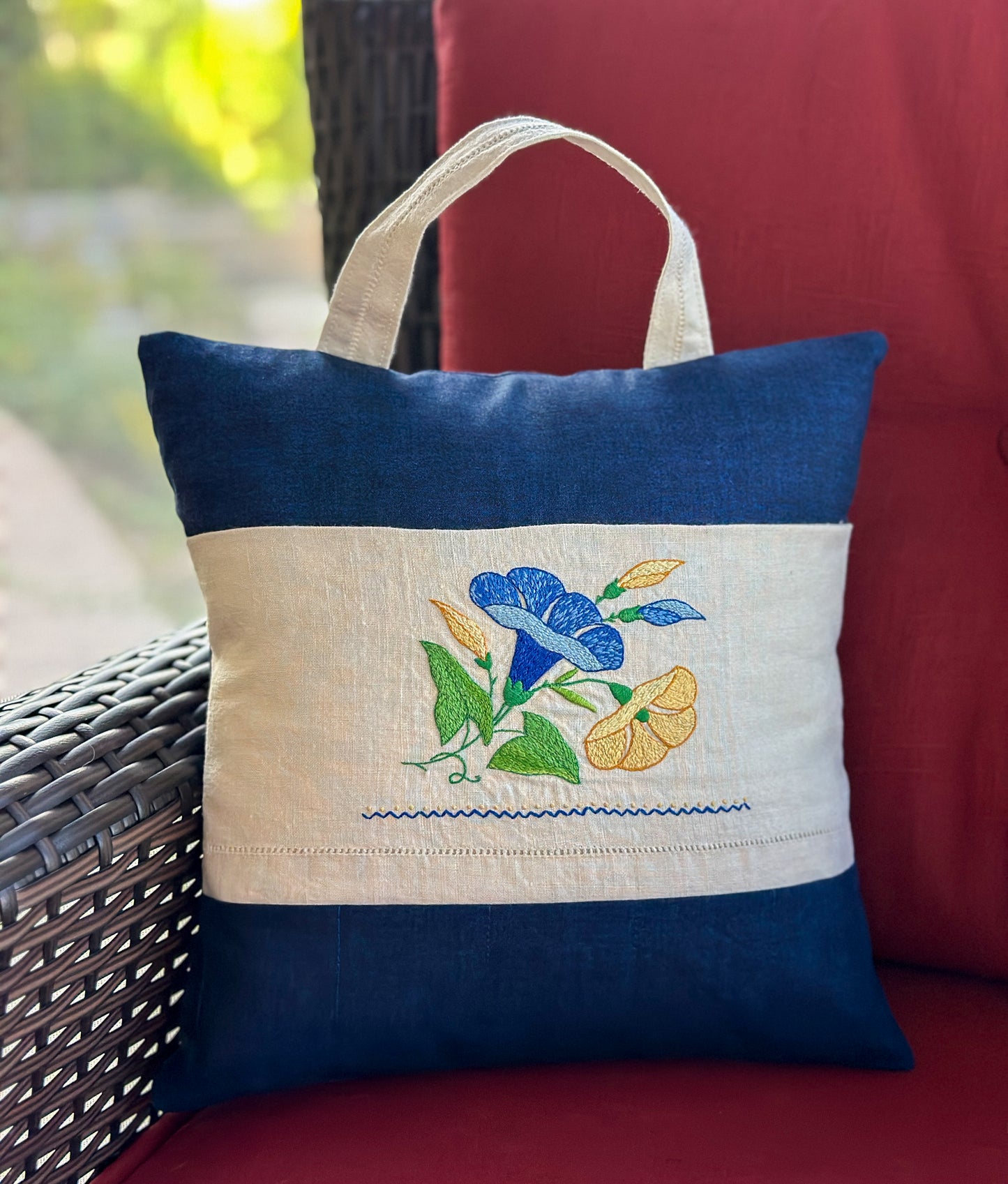 Vintage Embroidered Throw Pillow with Pocket & Carry Handle