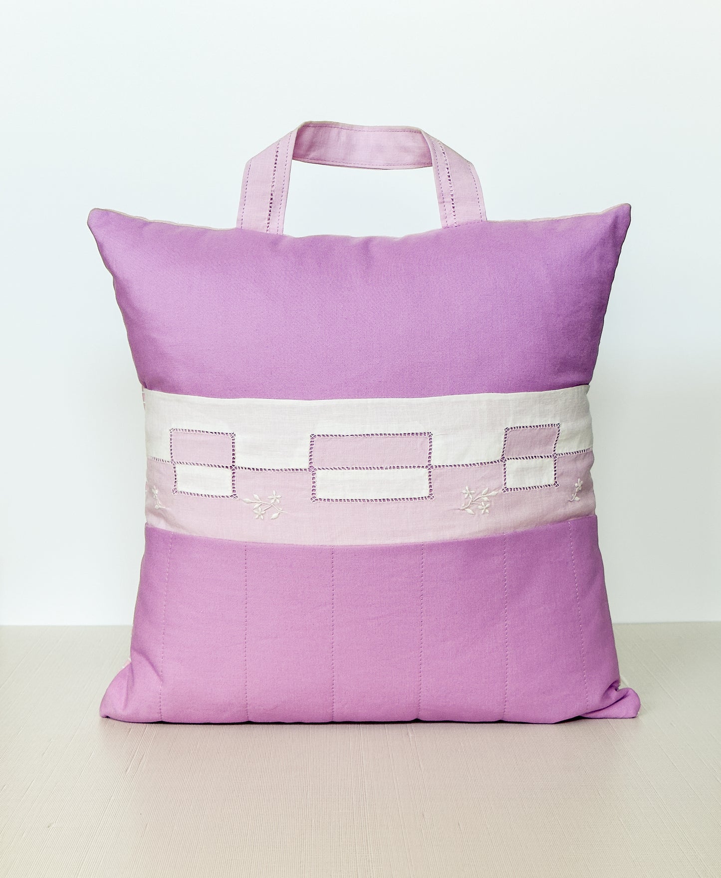 Vintage Pillow in Pink & White with Pocket & Carry Handle