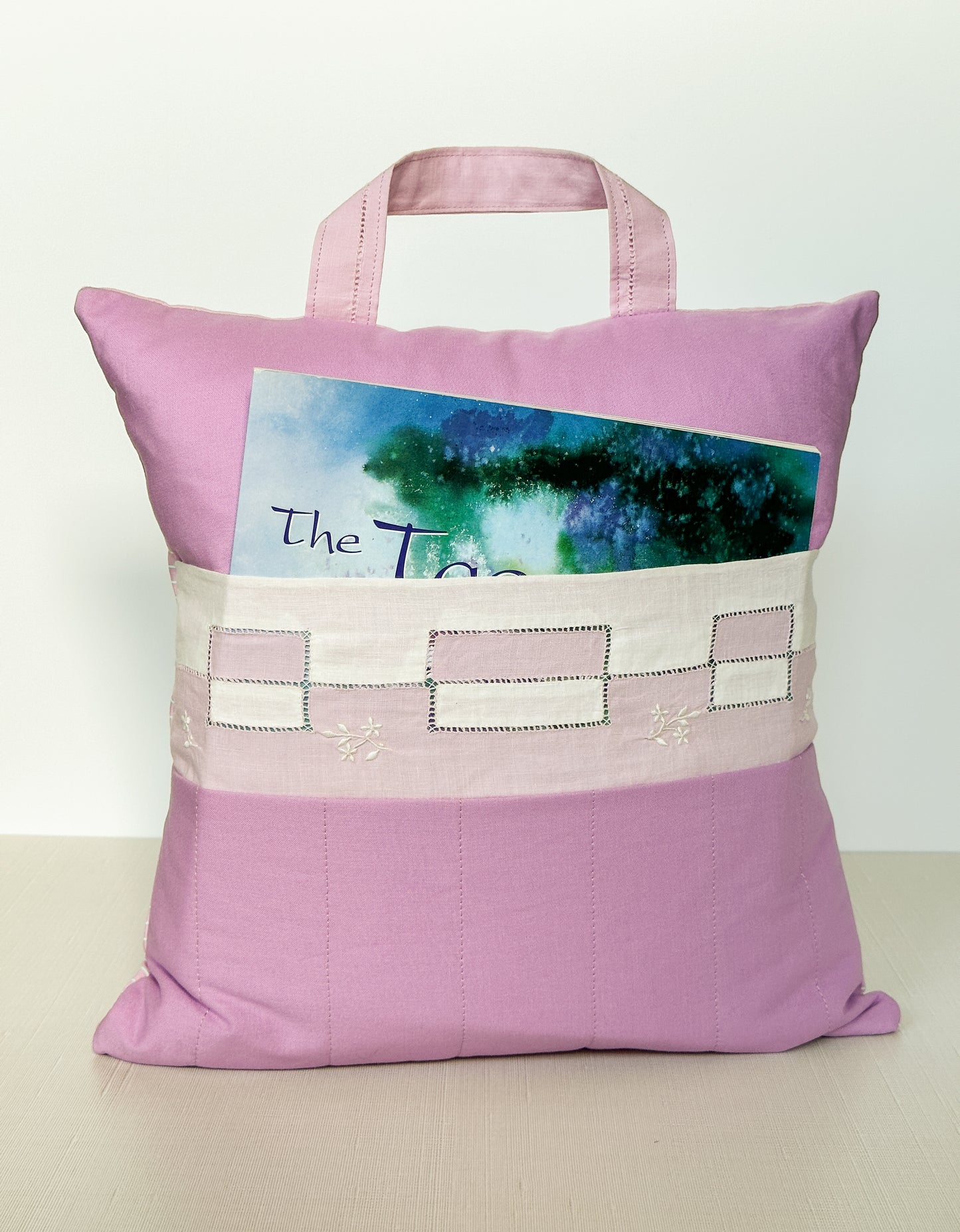 Vintage Pillow in Pink & White with Pocket & Carry Handle