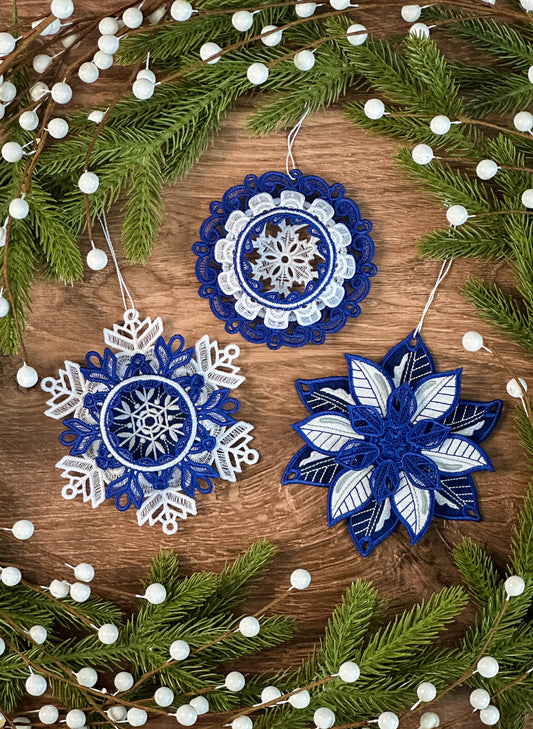 Large Embroidered Blue & White 3D Holiday Ornaments