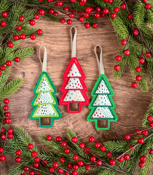 Patchwork Christmas Tree Ornaments: Red & Green Felt. Set of 3
