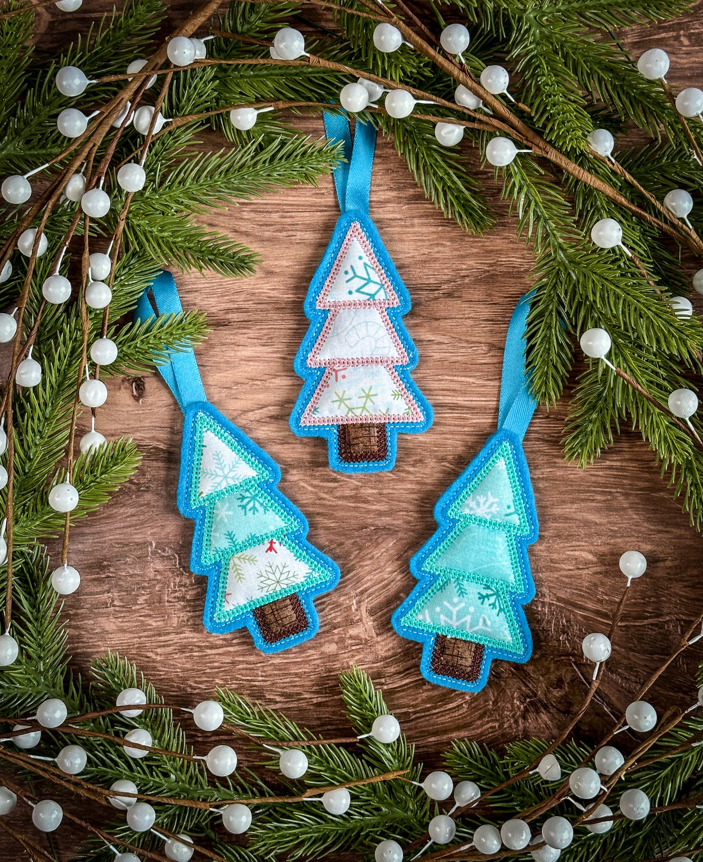 Patchwork Christmas Tree Ornaments: Blue Felt. Set of 3