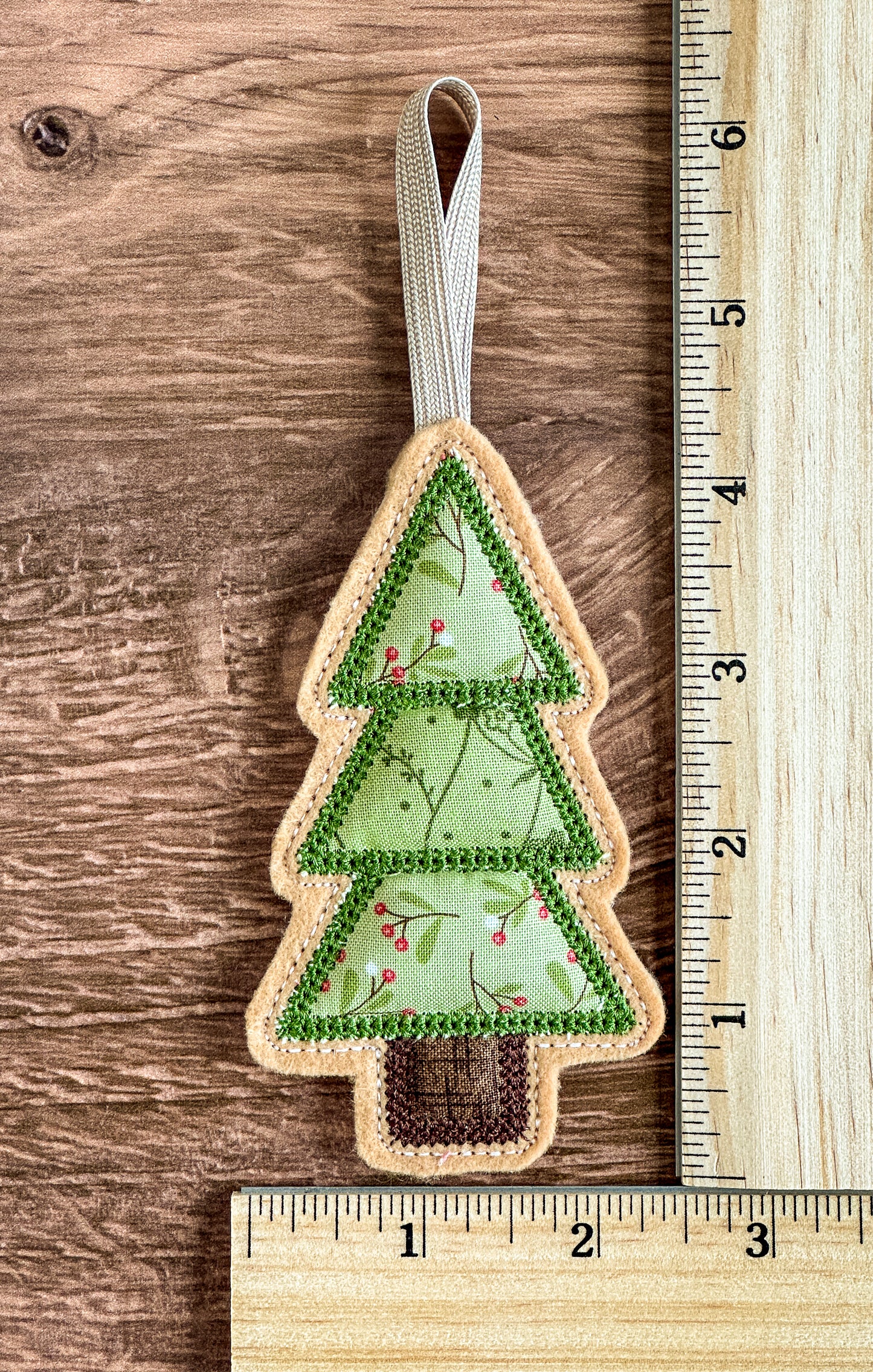 Red & Green Patchwork Christmas Tree Ornaments on Felt, Set of 3