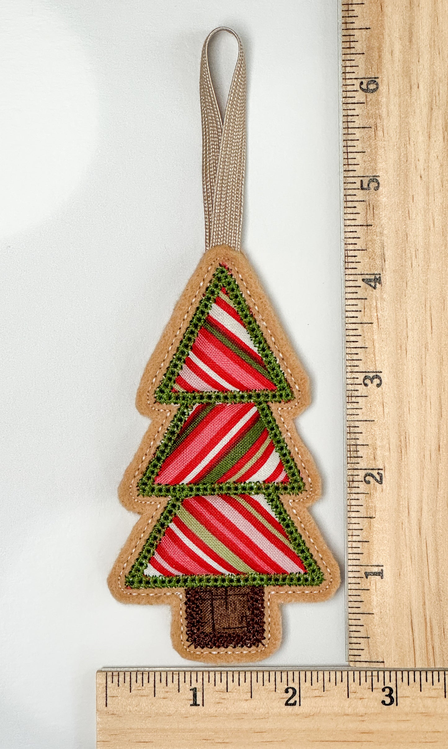 Red & Green Patchwork Christmas Tree Ornaments on Felt, Set of 3