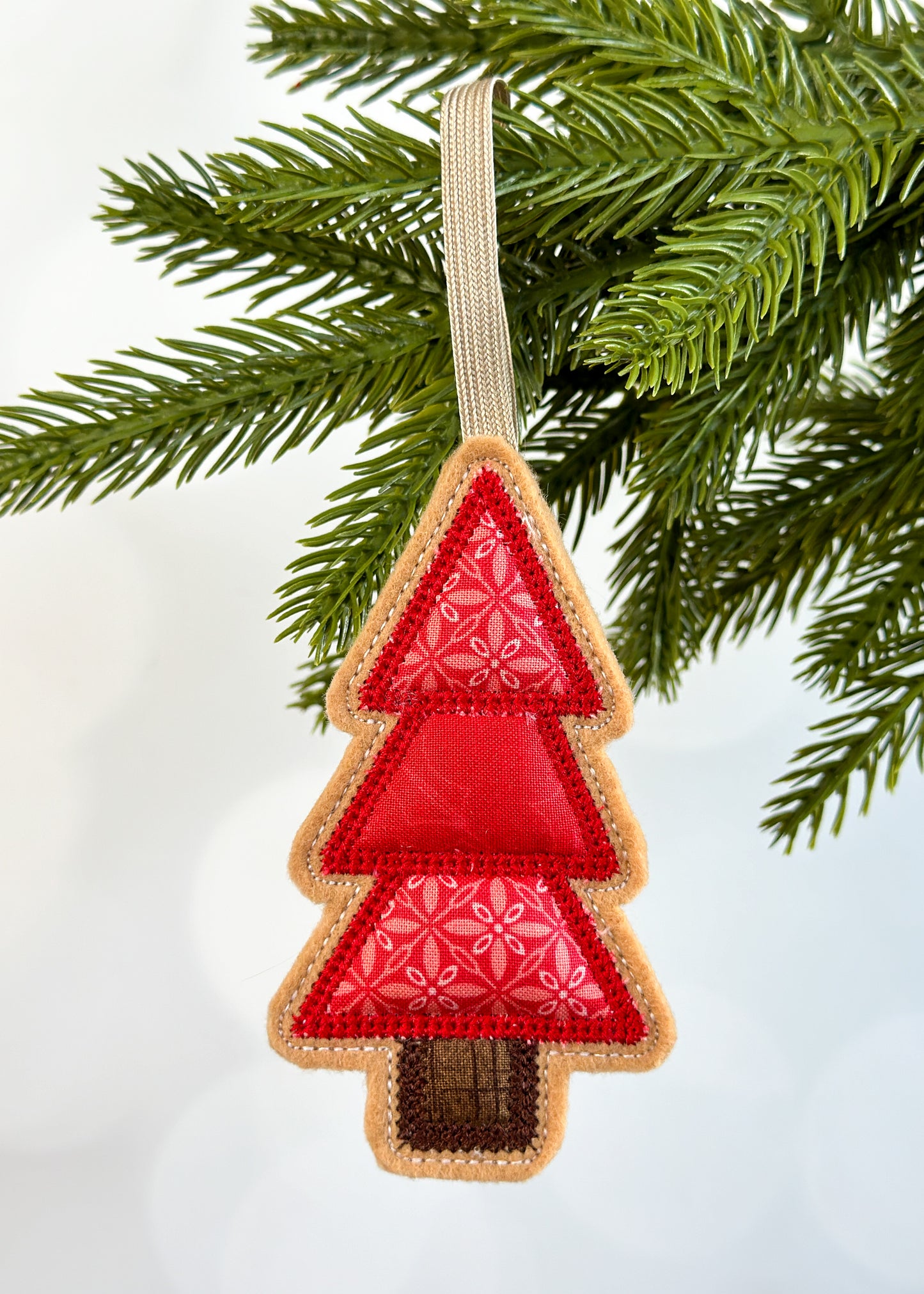 Red & Green Patchwork Christmas Tree Ornaments on Felt, Set of 3