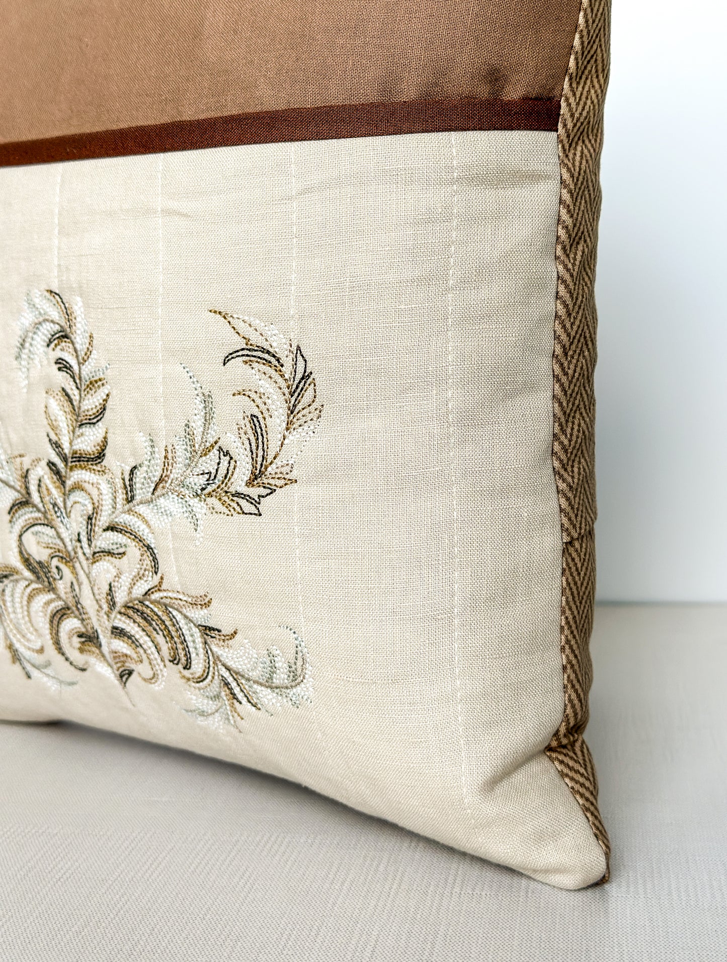 Feather Embroidered Pillow with Quilted Pocket & Carry Handle