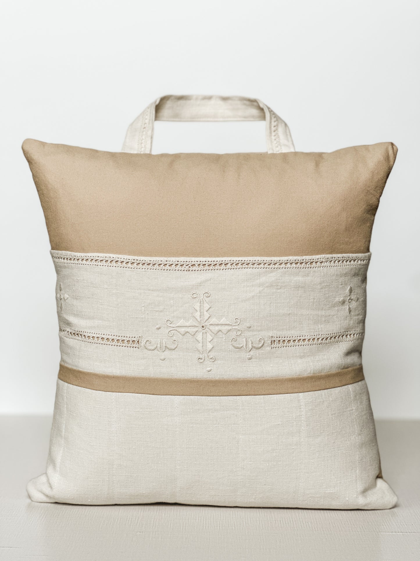 Vintage Linen Throw Pillow with Pocket & Carry Handle