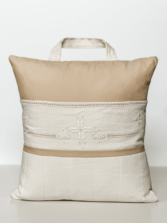 Vintage Linen Pillow with Pocket & Carry Handle