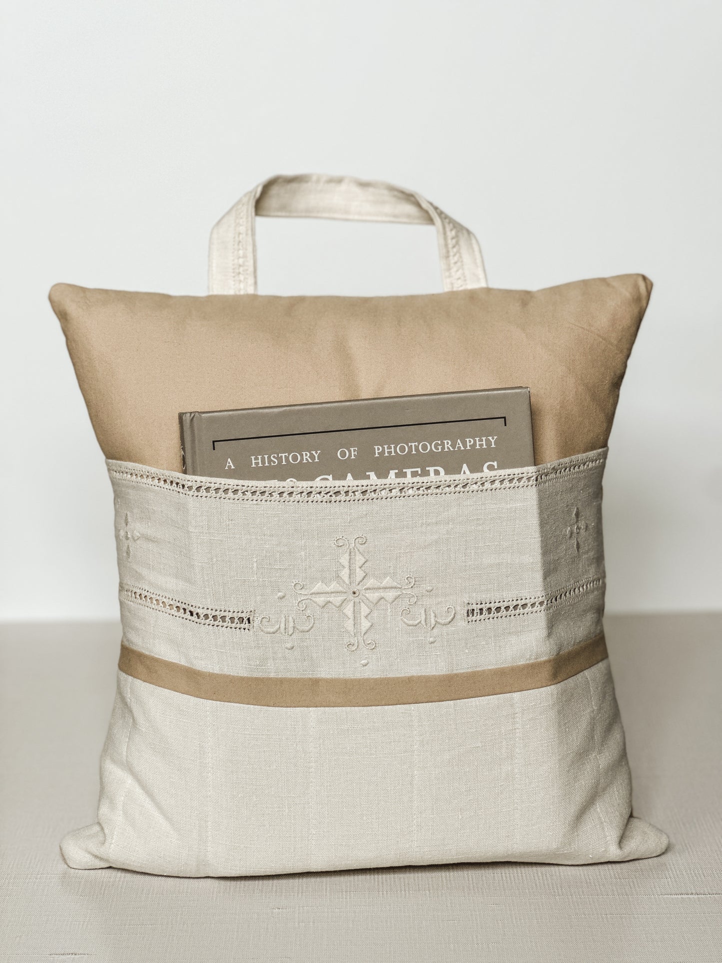 Vintage Linen Throw Pillow with Pocket & Carry Handle