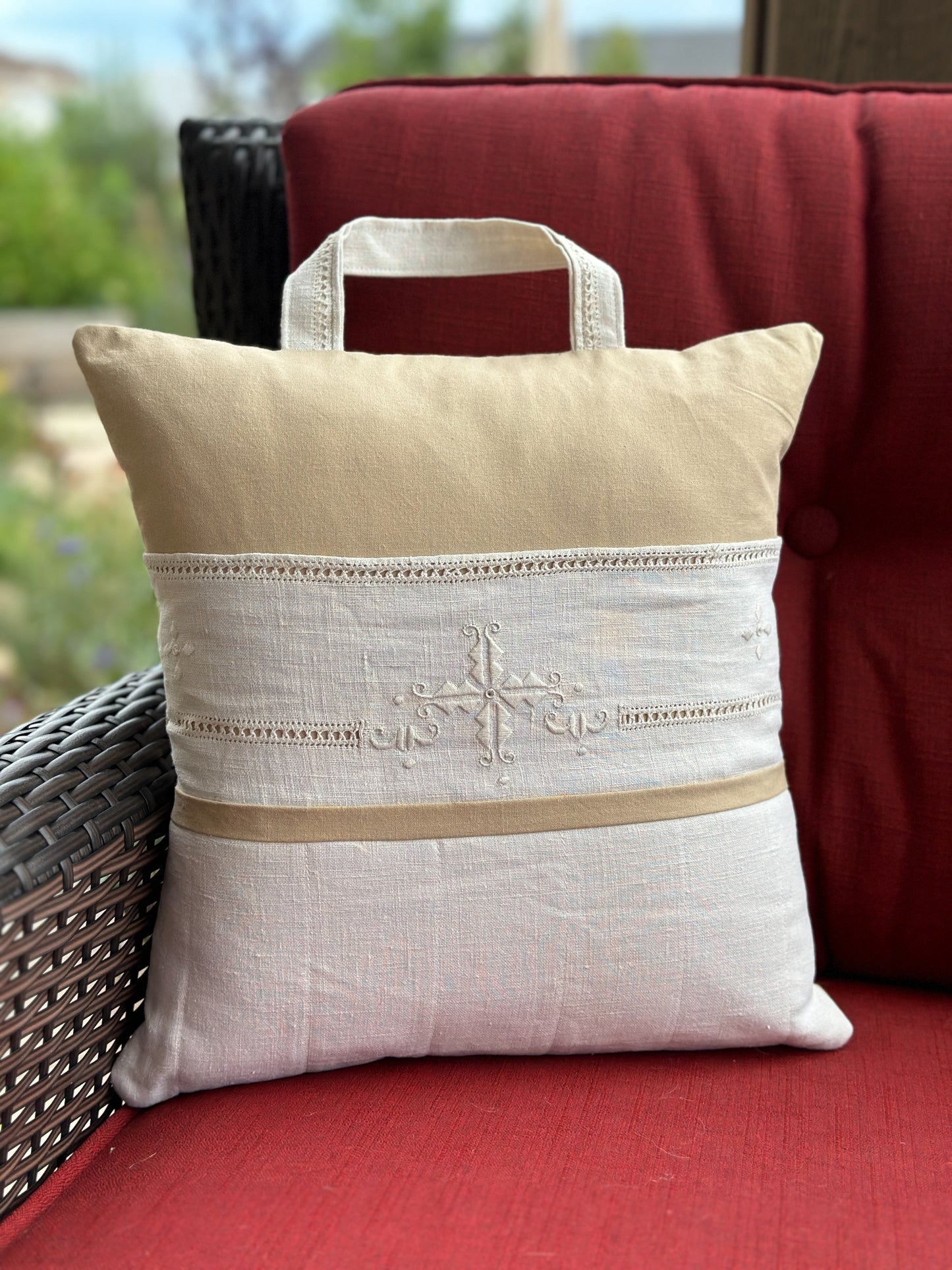 Vintage Linen Throw Pillow with Pocket & Carry Handle