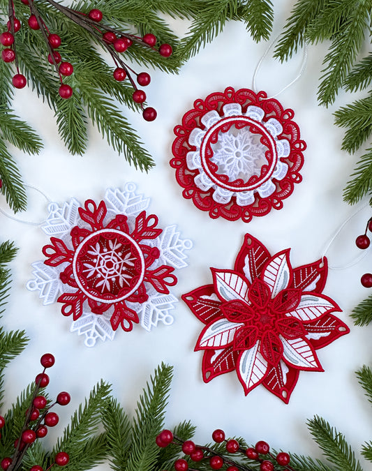 Large Embroidered Red & White 3D Holiday Ornaments