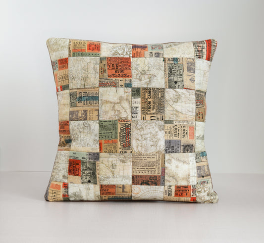 Small World Map Accent Pillow with Travel Themed Fabric