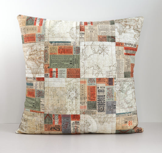 Large World Map Throw Pillow with Travel Themed Fabric Accents