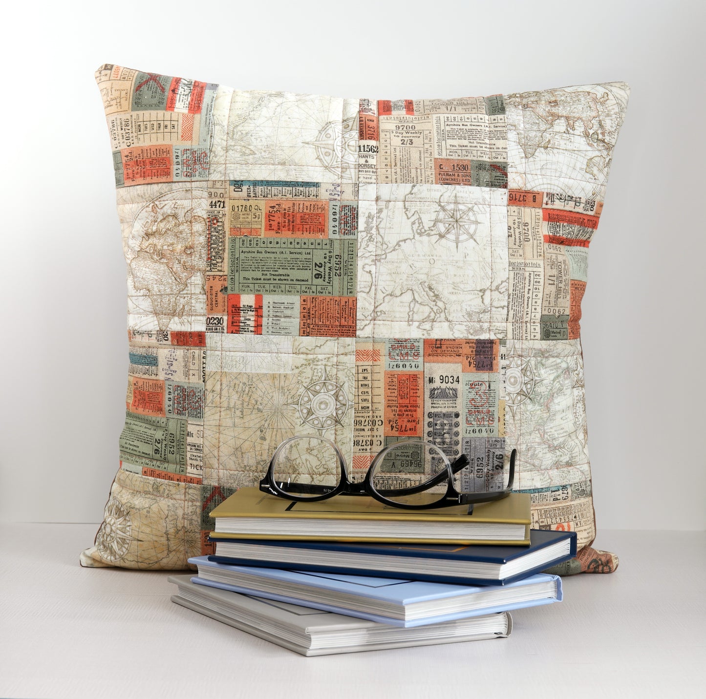 Large World Map Throw Pillow with Travel Themed Fabric Accents