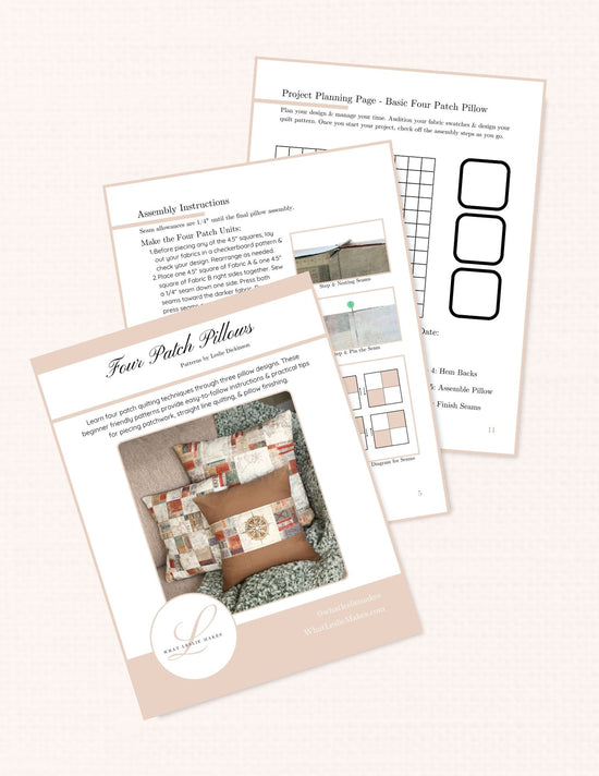 example of pages found in pattern. cover image, assembly instructions with both photos and graphics, and a printable project planning page.